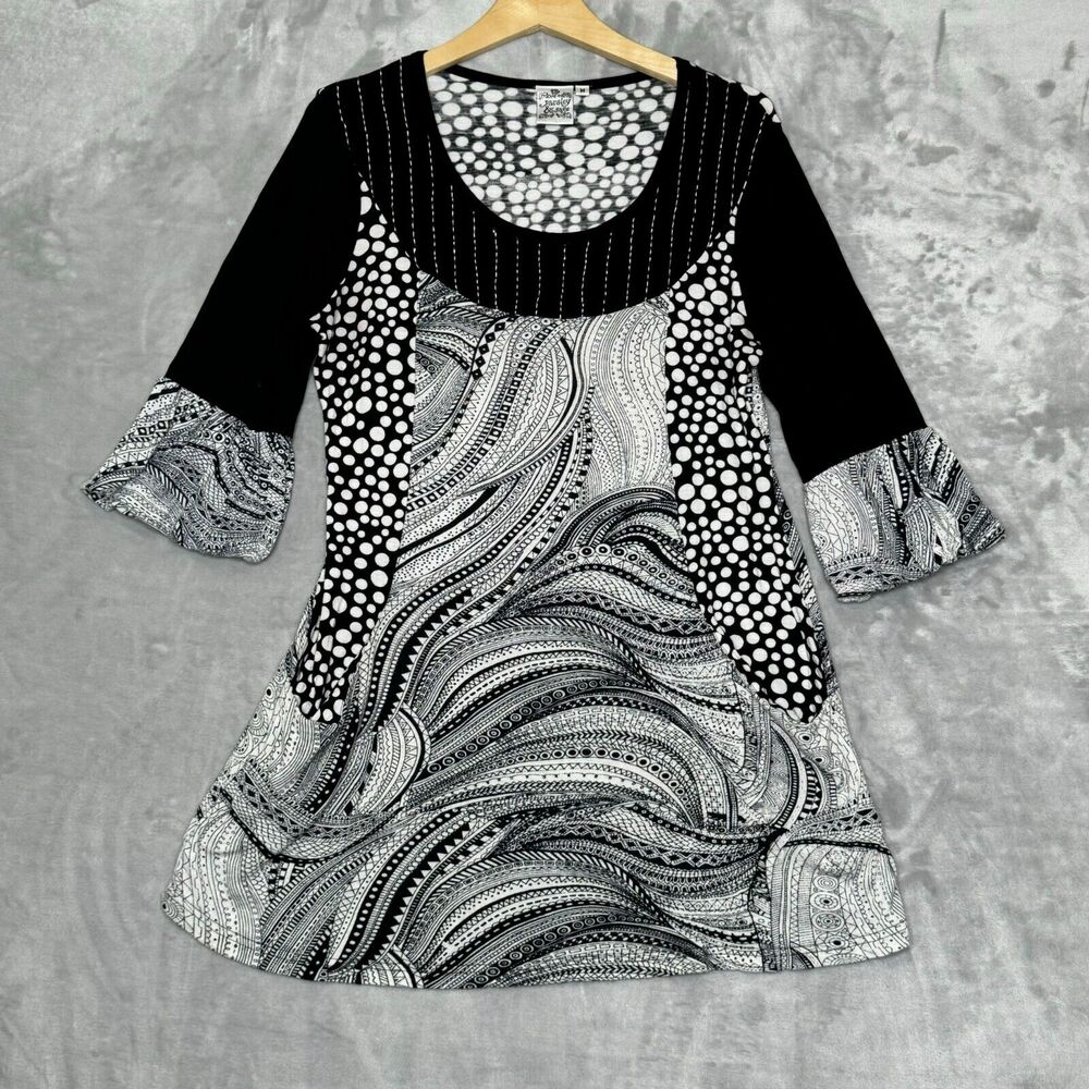 Parsley & Sage Top Womens Medium Black White Knit Mixed Print 3/4 Sleeve Artsy